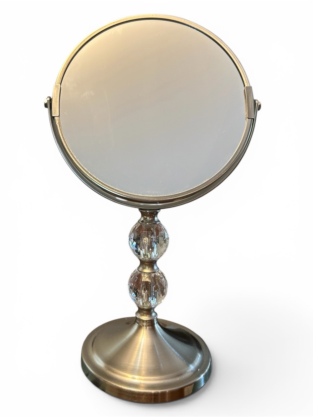 VTG Silver Vanity Makeup Mirror with Crystal Accents Double Side Magnification